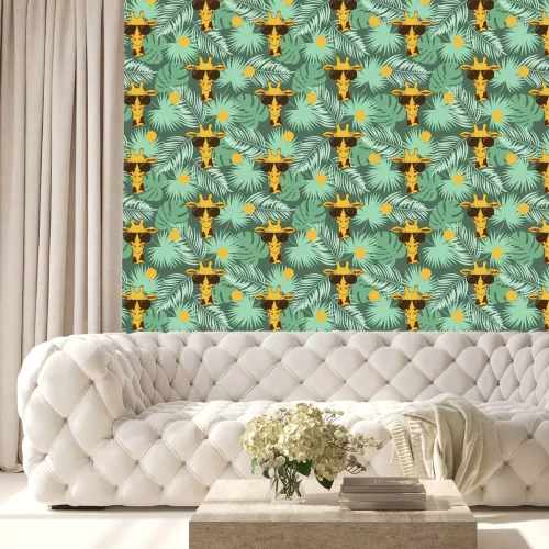 Behang Giraffen tussen palmbladeren