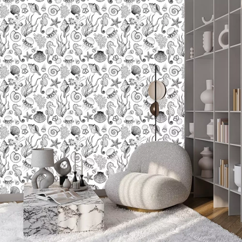 Behang Seamless pattern. Underwater world hand drawn. Sketch illustration. Seaweed, coral, seashell, jellyfish illustration. Vintage design template. Undersea world collection. Black and white style.