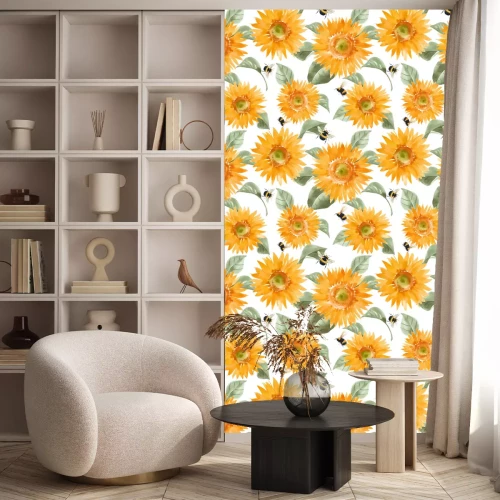 Behang Aquarel zonnebloemen en bijen