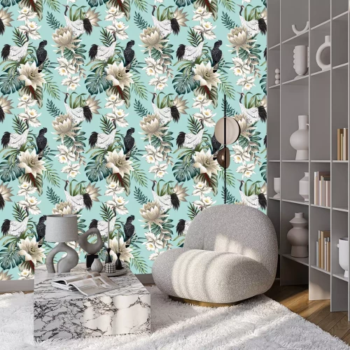 Behang Kraanvogels en papegaaien tussen witte tropische bloemen