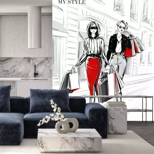 Sticker Hand drawn beautiful two young women with shopping bags. Fashion woman in red skirt. Women on street background. Black and white sketch. Fashion illustration.