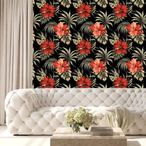 Behang Rode bloemen en bladeren op een zwarte achtergrond