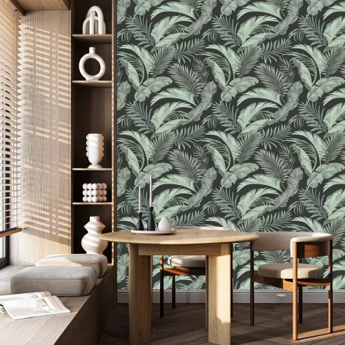 Behang Getinte groene bladeren op een zwarte achtergrond