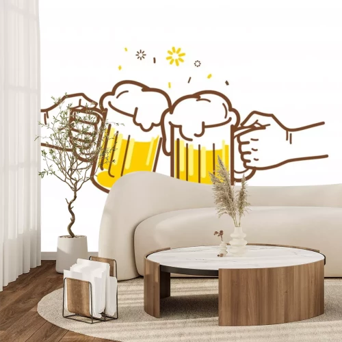 Sticker Cheers with two mugs of beer with foam isolated on white