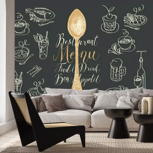 Fotobehang Vector restaurant menu with spoon, sketches of different dishes and handwritten inscriptions on the black background. Drawing chalk on the blackboard. Contour drawings in retro style.
