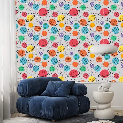 Behang seamless pattern with planets and stars on gray background  - vector illustration, eps    