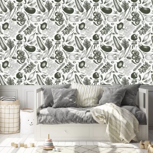 Behang Groenten in retrostijl in grijstinten