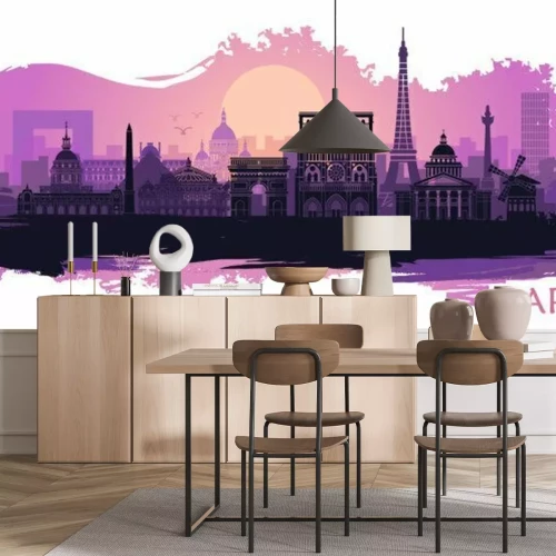 Sticker Stylized landscape of Paris with Eiffel tower, arc de Triomphe and Notre Dame Cathedral with spots and splashes of paint