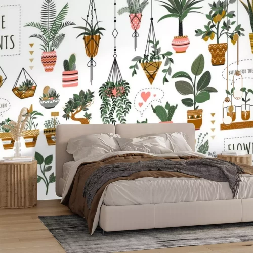 Sticker Houseplants flowerpots isolated icons vector illustration. Decorative home plants, botanical icons and stickers. Flower pots and kitchen herbs, hanging plants, floral decorations collection.