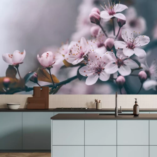 Fotobehang Een close-up van een kersenbloesemtak