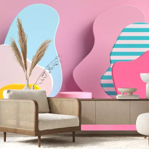 Sticker Kleurrijke ruimtelijke vormen op een roze achtergrond