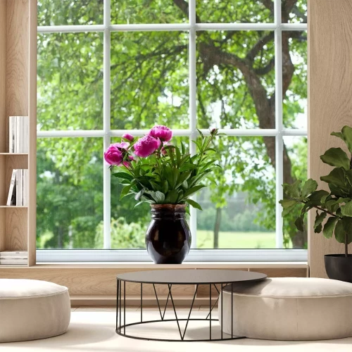 Fotobehang Pioen bloemen op widnow-dorpel