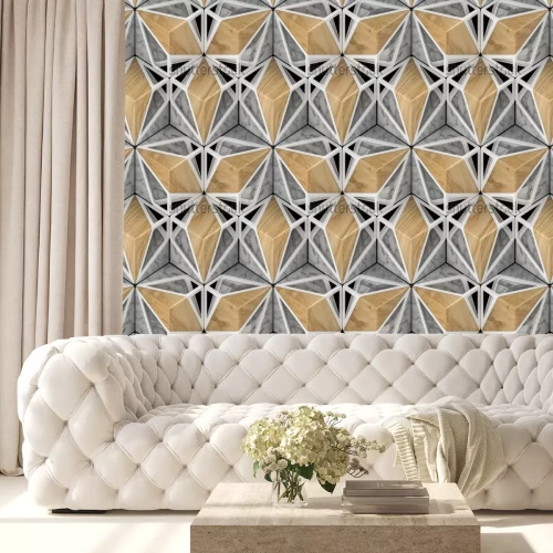 Behang Eco hout 3d tegels met wit metaal en witte marmeren elementen. Materiaal eiken hout. Hoogwaardige naadloze realistische textuur.