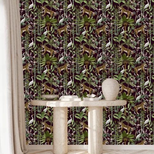 Behang Seamless pattern in chinoiserie style with tiger, heron and jungle trees.
