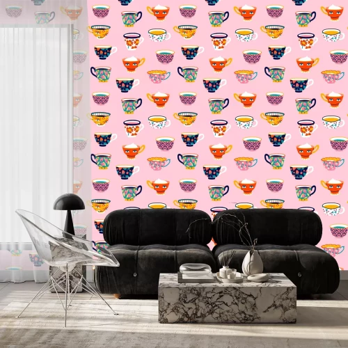 Behang Set of various cups with tea or coffee. Side view. Different ornaments. Flowers, berries, etc Hand drawn colored trendy vector seamless pattern. Cartoon style. Flat design. Pink background