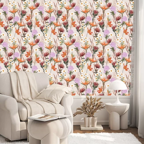 Behang Kleurrijke wilde bloemen op een beige achtergrond