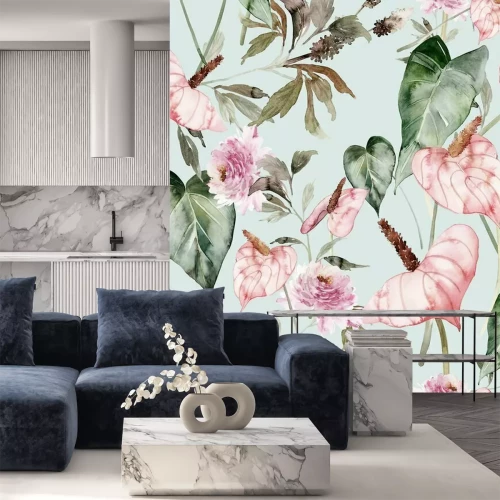 Fotobehang Tropische planten en bloemen op blauwe achtergrond