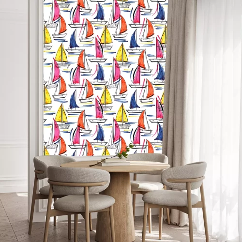 Behang Beautiful trendy Hand drawn brush stroke of ship,wind surf ,boat on the ocean summer vibes seamless pattern in vector EPS10