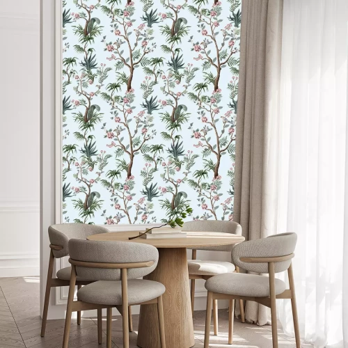 Behang Pioenen op bomen en exotische bladeren