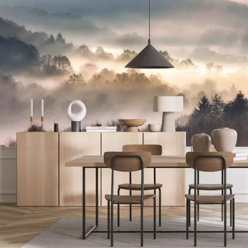 Fotobehang Mist in het bos met zonnestralen boslandschap