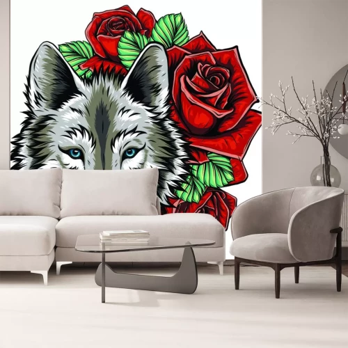 Sticker Embroidery of wolf and roses. Needlework patch of romantic animal sign on white background.