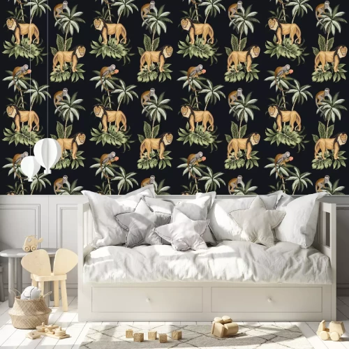 Behang Leeuwen en apen tussen de palmbomen