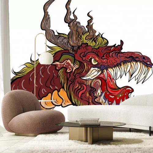 Sticker Dragon head isolate on white background.sticker dragon tattoo.Gold dragon on red background.