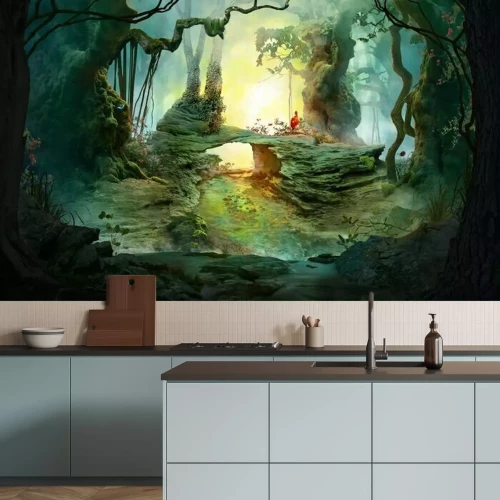 Fotobehang Fantasie mistig donker bos