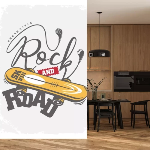 Sticker Skate board urban style t shirt graphic isolated on white background. Rock and road musical tee shirt playful print layout with earphone and skating. 