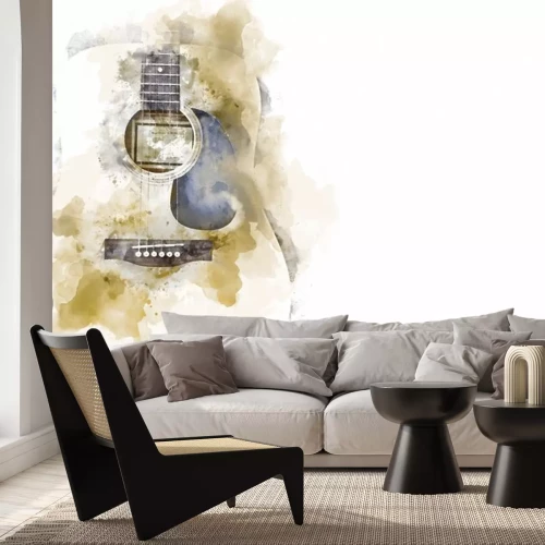 Sticker Abstract colorful acoustic guitar on watercolor illustration painting background.
