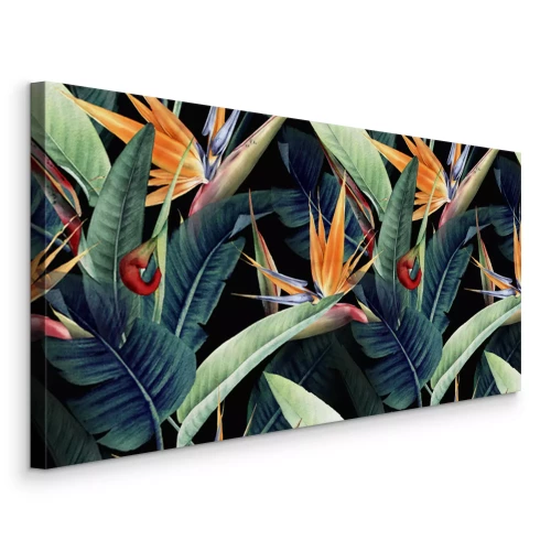 Canvas Bloemenpatroon met tropische bladeren en strelitzia-bloemen