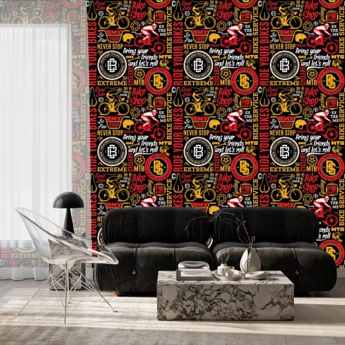 Behang Retro styled vector bicycle seamless pattern or background in black, white, red and yellow colors. Bike shop and club badges. Mountain and road biking icons and design elements