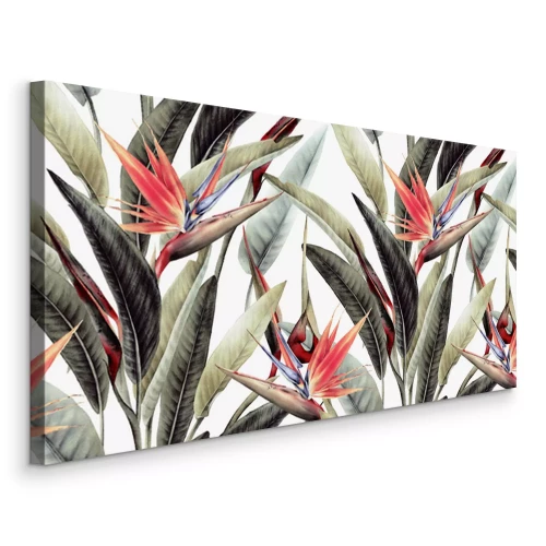Canvas Bloemmotief met tropische bladeren en strelitzia-bloemen op een witte achtergrond