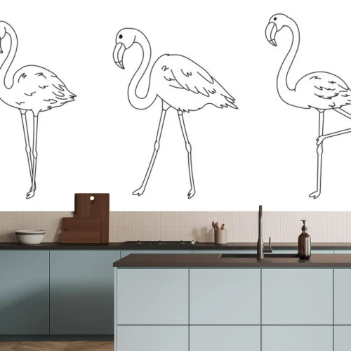 Sticker set of cartoon flamingos black lines silhouettes, cute wild tropical bird for kids coloring book, decoration, editable vector illustration