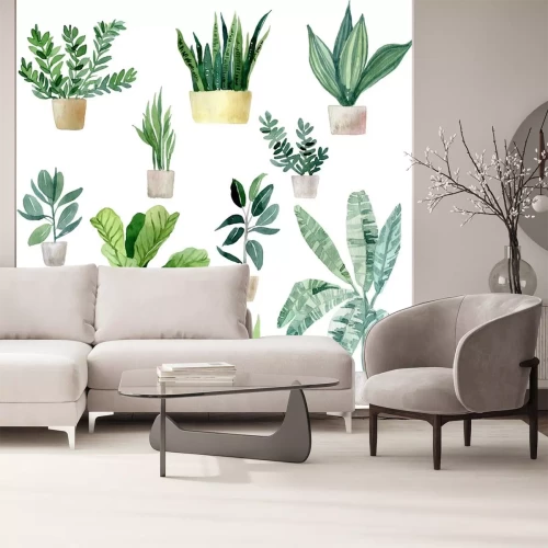 Sticker Set of watercolor illustrations of home tropical plants in clay pots. Jungle, palm leaves, fern and others. Hand drawn watercolor set of anthurium green leaves and home plant isolated