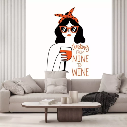 Sticker Black hair and red lips woman in sunglasses and headband holding glass of red wine. Working from nine to wine lettering phrase.