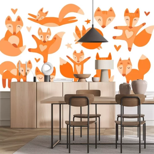 Sticker Vector collection of 11 illustrations with cute chanterelles. Red beautiful foxes on a white isolated background. The fox sleeps, sits, runs, hugs, jumps, the muzzle of a kind wild beast.