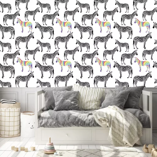 Behang Eén kleurrijke zebra motief tussen zwart-witte