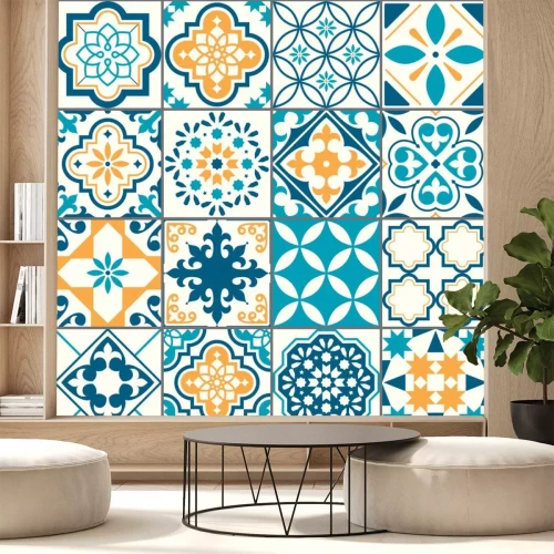Sticker Portuguese or Spanish Azujelo vector seamless tiles design - Lisbon retro truquoise and yellow pattern, tile big collection 	