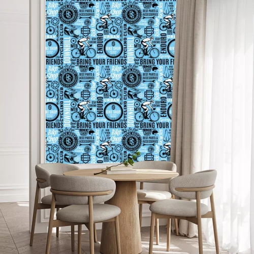 Behang Retro styled vector bicycle seamless pattern or background in black, blue and white colors. Bike shop badges, mountain, bmx and road biking icons and design pieces