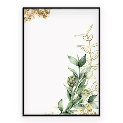 Poster Groene en gouden bladeren op een witte achtergrond