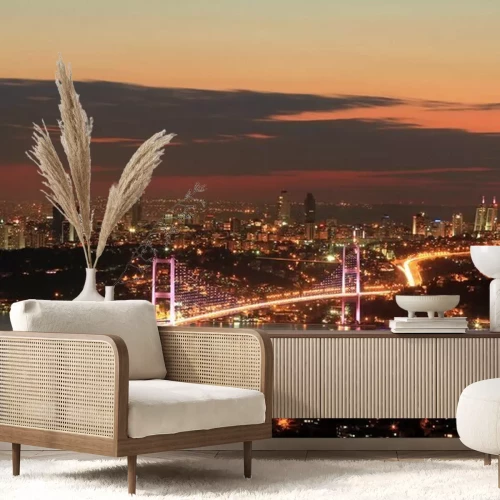 Fotobehang Nachtpanorama van de stad met de verlichte brug