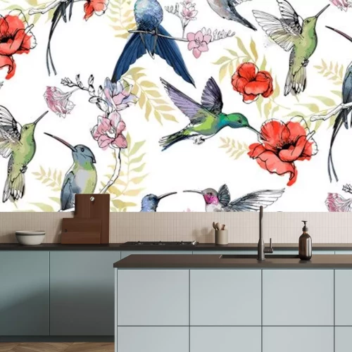 Sticker Patroon met kolibries tussen romantische bloemen