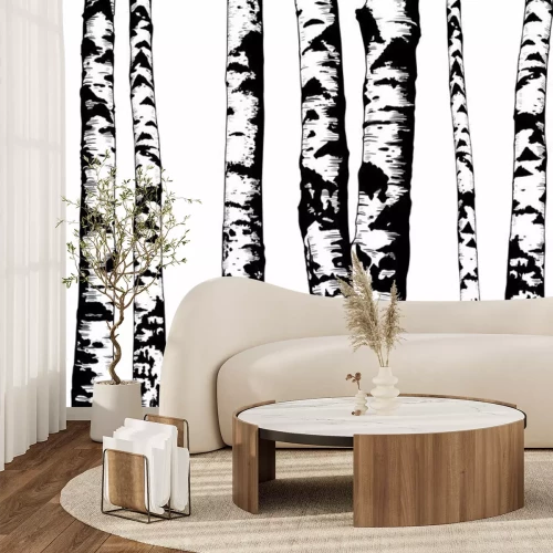 Fotobehang Zwart-wit boomstammen in een berkenbos