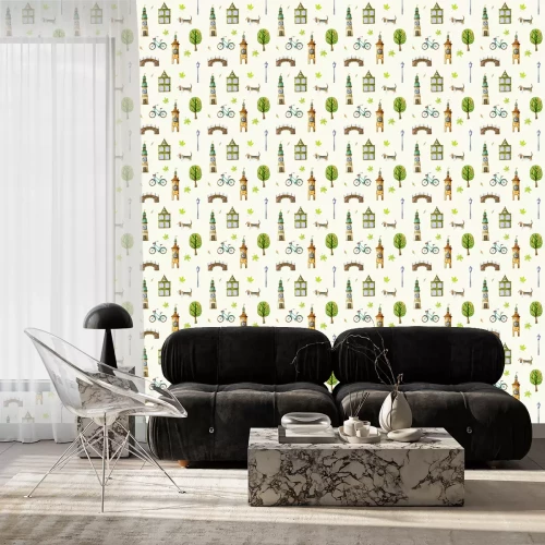 Behang Watercolor seamless pattern with vintage Amsterdam houses, turquoise retro bicycle, basset hound dog, bell tower and park trees.