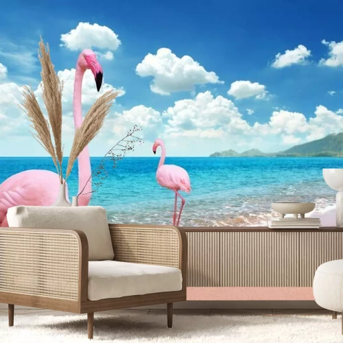 Fotobehang Flamingo's op het strand
