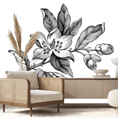 Sticker De zwart-witte appel komt floristische illustratie tot bloei