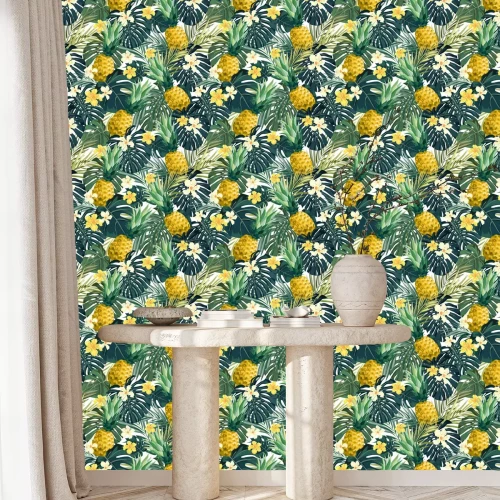 Behang Tropische bloemenbladeren en ananas