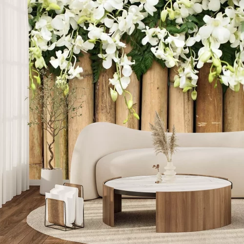 Fotobehang Orchideeën op bamboe