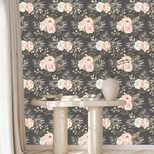 Behang Pioenrozen rozen en kruiden grijze achtergrond